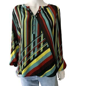 Chaus New York Long Sleeve Multicolor Striped V-Neck Shirt Top Blouse